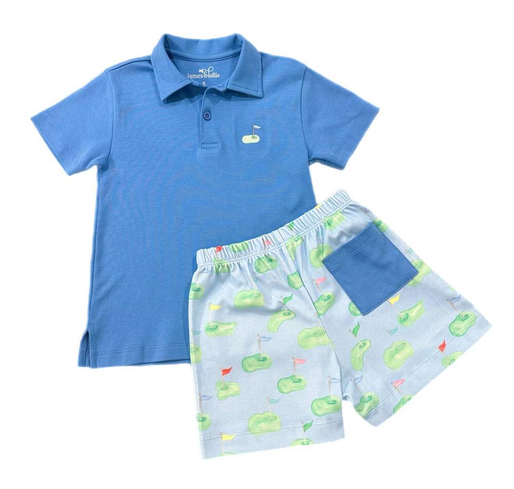 NEW JAMES & LOTTIE boys putt-er up polo and shorts set in blue